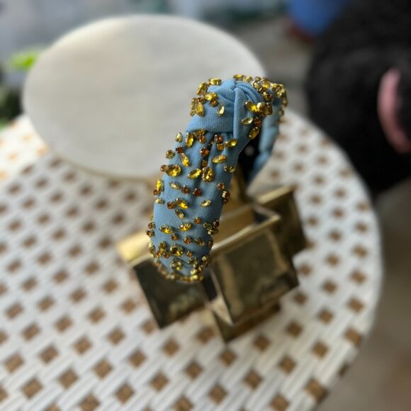 Lele Sadoughi Classic Knotted Blue Headband Amber & Gold Gems - Picture 10 of 11